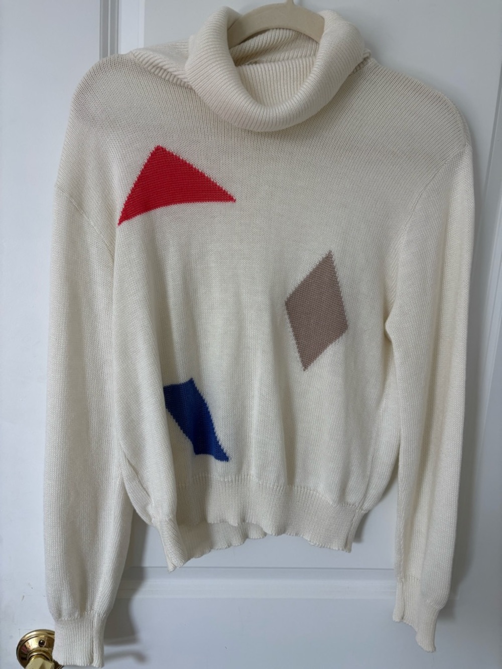 Vintage 1980s Devon turtleneck sweater cream colorful abstract geometric L